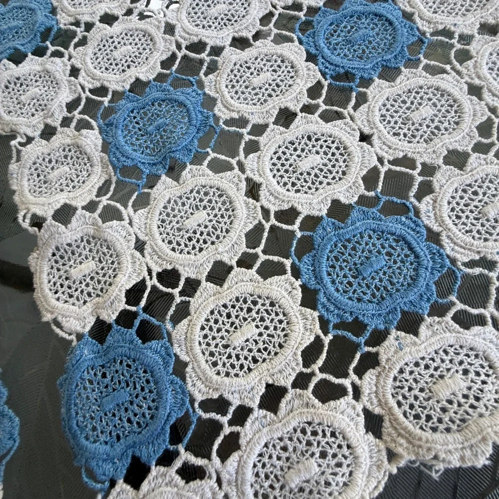 Vintage Crochet Lace Table Runner Set Blue White Floral 5 Piece Cottagecore
